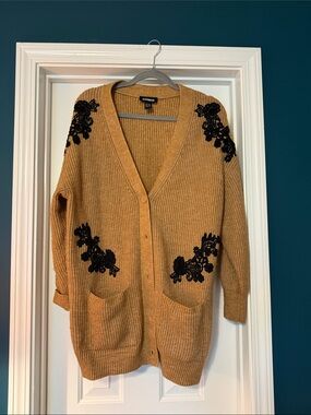 Express Longline Cardigan with Black Floral Appliqués